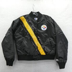 Starter Jacket Womens Medium Pittsburgh Steelers Black Sequin Satin Bomber Y2K